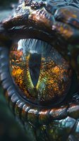 Detailed macro shot of a dragon eye with amber and golden tones, featuring intricate reptilian textures, scales, and a vertical pupil perfect for fantasy or wildlife design projects.