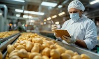 African American male worker in protective uniform inspecting and documenting quality of potatoes on industrial food processing production line in factory setting.