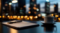 Evening workspace with coffee cup and digital tablet against blurred city lights and bokeh background, creating modern urban atmosphere for business and lifestyle concepts.