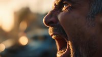 Close-up profile of mature man with gray beard shouting or yelling with intense emotion against blurred sunset background.