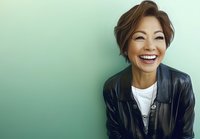Young Asian woman with short brown hair wearing leather jacket and white t-shirt laughing genuinely against mint green wall, expressing joy and happiness.