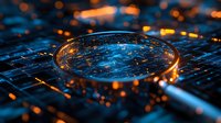 Magnifying glass on computer keyboard with glowing orange and blue lights creating futuristic atmosphere, concept of digital investigation and cybersecurity.