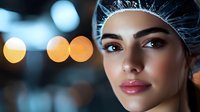 Young female medical professional wearing protective cap with confident expression against blurred bokeh lights background, representing healthcare workers.