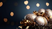 Elegant champagne and gold Christmas baubles with polka dot pattern against dark background with heart shaped bokeh lights, festive holiday decor.