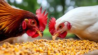 Two chickens eating corn kernels, close-up view of rooster and hen with red combs and wattles against blurred green background, farm animals feeding.