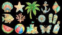 Watercolor summer beach clipart set with seashells, starfish, palm tree, anchor, fish, coral, compass, sandals, butterfly, and more, isolated on transparent background for stickers, t-shirts, print on demand.