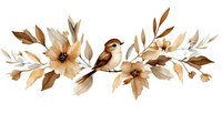 Watercolor brown sparrow perched among beige and cream flowers with delicate leaves, creating horizontal floral arrangement on white background.
