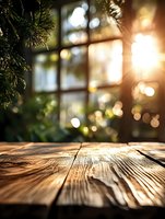 Rustic wooden table with blurred window and evergreen branches in warm sunlight creating magical holiday atmosphere with bokeh lights and cozy glow.