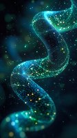 Glowing spiral of luminous particles in deep space, featuring turquoise and green colors with sparkling light effects against dark background. For science designs.