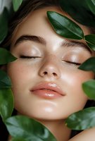 Close up portrait with closed eyes surrounded by green leaves, showing natural glowing skin, freckles, and glossy lips. For beauty and skincare advertising.