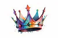 Colorful royal crown with vibrant watercolor effect, stars and geometric shapes, featuring dripping paint in purple, blue, orange and pink tones on white background.