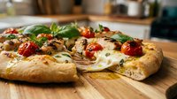 Freshly baked focaccia bread with tomatoes, herbs, and olive oil on wooden board in kitchen setting for food photography and culinary content.