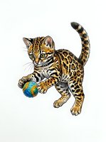 Spotted ocelot kitten playing with colorful toy ball on white background, isolated design element for children's products, nursery decor, and apparel printing.