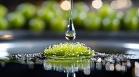 Macro shot of water drop falling onto lime caviar molecular gastronomy spheres creating splash reflection on black surface with bokeh background.