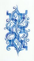 Blue ornamental flourish with plaid pattern overlay, isolated on white background. Decorative swirl design suitable for textile printing, wallpaper, and graphic design projects.