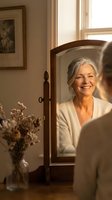 Mature Caucasian woman with gray hair smiling at her reflection in vintage wooden mirror, warm morning light creating peaceful self-care moment in cozy bedroom.