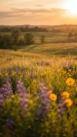 Golden sunset over wildflower meadow with purple lupines and yellow blooms in rolling countryside landscape for nature and seasonal content.