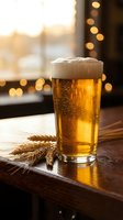 Fresh golden beer glass with foam on wooden table beside wheat stalks in warm pub atmosphere with bokeh lights for restaurant and brewery marketing.