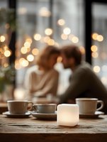 Romantic couple enjoying intimate coffee date with glowing candle and warm bokeh lights creating cozy cafe atmosphere for Valentine's Day celebration.