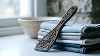 Handcrafted wooden hair brush with intricate carved pattern lies on folded blue linen towels near ceramic bowl by bright window for natural spa beauty routine.