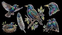 Hummingbird and iridescent bird illustrations isolated on transparent background. Includes flying hummingbird, perched birds, feather, nest, and foliage. Ready for clipart, t-shirt design, stickers, sublimation, and print-on-demand projects.