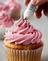 Pink frosted vanilla cupcake with swirled buttercream topping being decorated with pastry bag. Close-up view shows detailed texture of creamy frosting on golden cake.