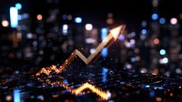 Glowing upward arrow breaking through digital surface with sparkles and bokeh lights against dark cityscape background, representing financial growth.