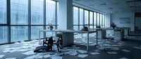Modern corporate office interior with glass desk, ergonomic chair and city skyline view through floor-to-ceiling windows for business presentations.