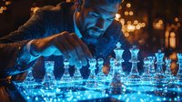 Bearded man playing glowing chess pieces in dark room with dramatic blue lighting and bokeh effects, strategic game concept showing intelligence and decision making.