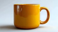 Bright orange ceramic coffee mug on white background with soft shadow, minimalist modern design for kitchen and dining lifestyle photography.