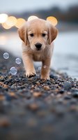 Adorable Golden Retriever puppy walking on pebbles with soap bubbles floating around. Bokeh lights create magical atmosphere in background. Perfect for pet care marketing.
