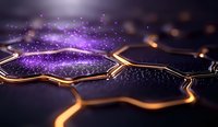 Glowing hexagonal shapes with golden edges and purple particle effects on dark background create futuristic technological pattern for business presentations.