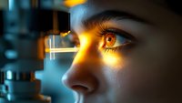 Close-up view of eye with dramatic orange light beam effect against dark blue background, showcasing advanced technology and future vision concepts.