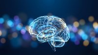 Digital brain with glowing neural networks and circuits on dark blue background with bokeh lights for artificial intelligence and technology concepts.
