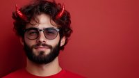 Young bearded man with devil horns and glasses smiling mischievously against red background, wearing red t-shirt. Halloween or party concept portrait.