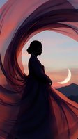 Woman silhouette with flowing fabric against sunset sky and crescent moon. Dramatic swirling motion creates mystical atmosphere for fantasy and spiritual concepts.