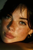 Young woman with freckles and green eyes in warm golden sunlight creating dramatic shadows on face for beauty and skincare concepts.