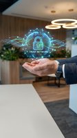 Businessman hands presenting holographic trust network security concept with digital lock and data protection visualization in modern office environment.