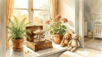 Cozy windowsill scene with potted plants, vintage music box, and teddy bears in warm sunlit room creating peaceful home atmosphere for interior design.