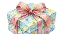Wrapped gift box with pastel geometric pattern and pink ribbon bow, suitable for holiday, birthday, and celebration designs.