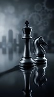 Black chess king and knight pieces on reflective surface with blurred chessboard background for strategic business concepts and leadership themes.