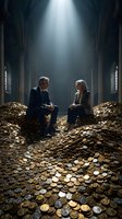 Senior businessman and businesswoman sitting on massive pile of golden coins in dramatic cathedral interior with divine light beam for wealth concepts.