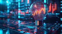 Glowing light bulb with stock market chart reflection against digital data background in blue and orange colors, representing financial innovation.
