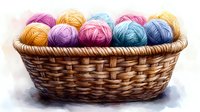Colorful yarn balls in woven basket, bright pink, yellow, blue and purple wool skeins for knitting and crochet projects, artistic craft supplies composition.