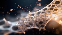 Microscopic cellular structure with golden bokeh lights and ethereal atmosphere creates dramatic scientific visualization. Organic mesh network glows against dark background.