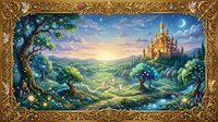 Enchanted fairy tale landscape with golden castle on hilltop, magical tree, rolling green hills and starry twilight sky in ornate decorative frame.