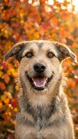 Happy mixed breed dog with open mouth smiling against blurred autumn foliage background with warm golden bokeh lights creating festive seasonal atmosphere.