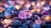 Colorful polished gemstones and crystals with soft bokeh lights creating magical atmosphere for meditation, healing and spiritual wellness practices.