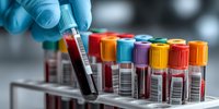 Laboratory technician in blue gloves holding blood sample tube with colorful collection tubes in medical testing facility for diagnostic analysis.