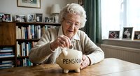 Elderly Caucasian woman with gray hair putting coins into pension piggy bank at home table surrounded by family photos and books for retirement savings.